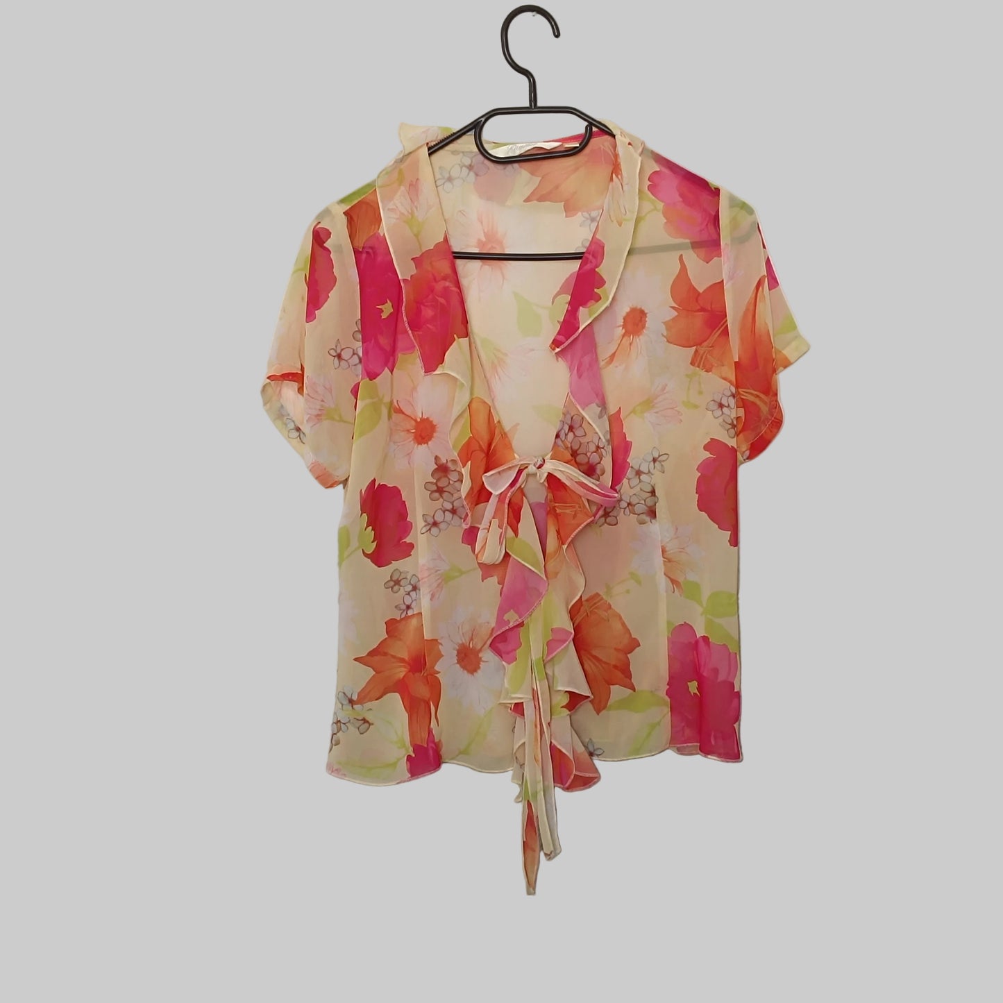 Vintage Gimaud Y2K Sheer Floral Ruffle Blouse - Pink & Orange Chiffon Top