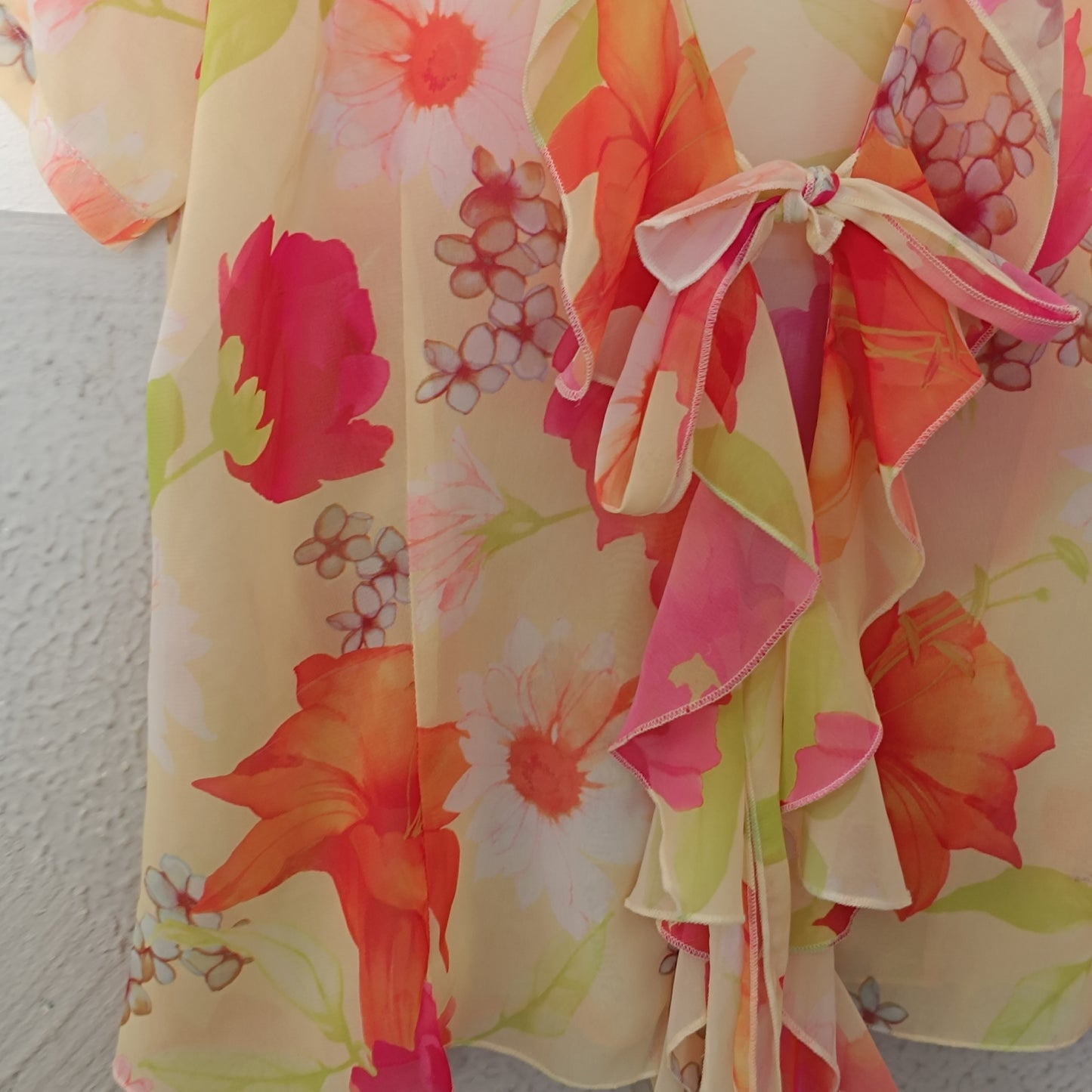 Vintage Gimaud Y2K Sheer Floral Ruffle Blouse - Pink & Orange Chiffon Top