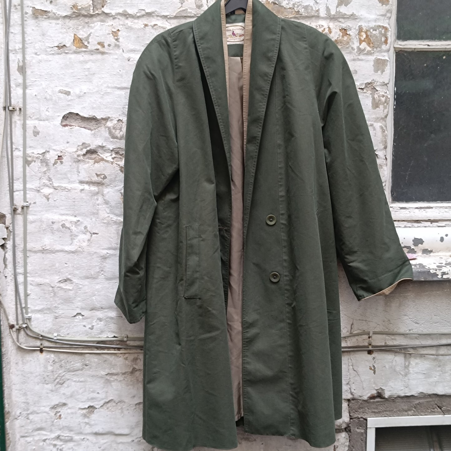 Vintage Ellen Partridge Green Trench Coat 1980s Cotton Duster Minimalist Jacket M-L