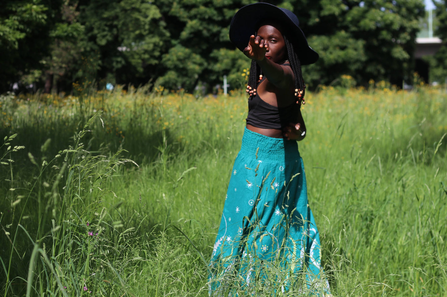 Vintage 90s Teal Patterned Boho Maxi Skirt - High Waist Cotton Festival Skirt