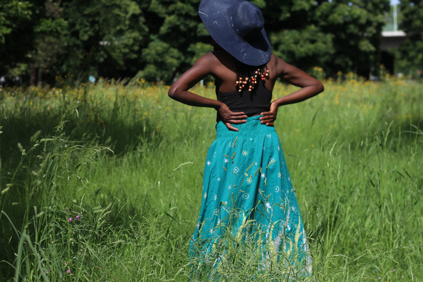 Vintage 90s Teal Patterned Boho Maxi Skirt - High Waist Cotton Festival Skirt
