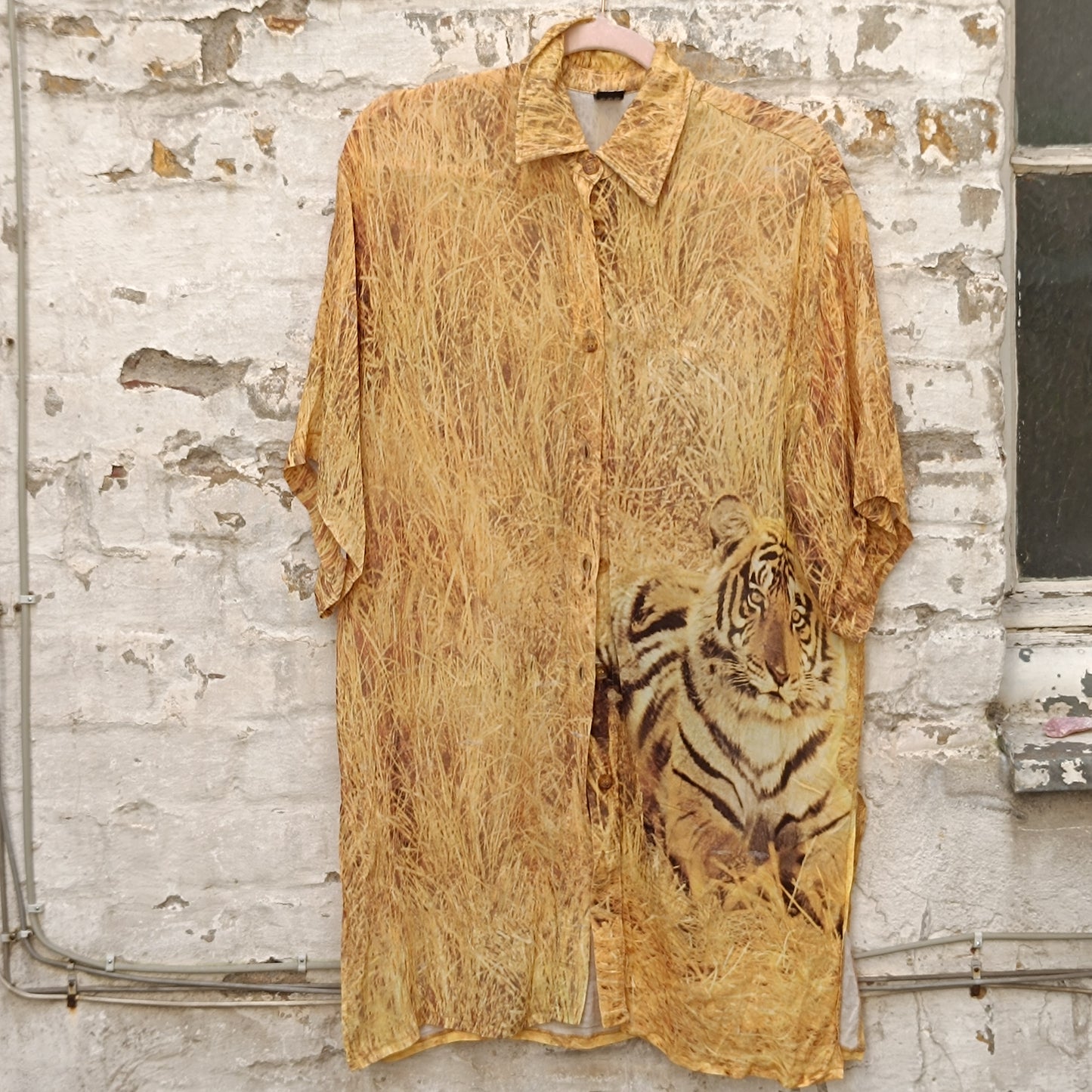 Vintage 90s Tiger Graphic Shirt Oversized Silk Blend Yellow Animal Print Blouse