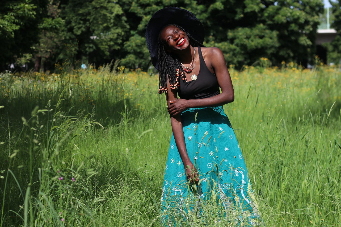 Vintage 90s Teal Patterned Boho Maxi Skirt - High Waist Cotton Festival Skirt