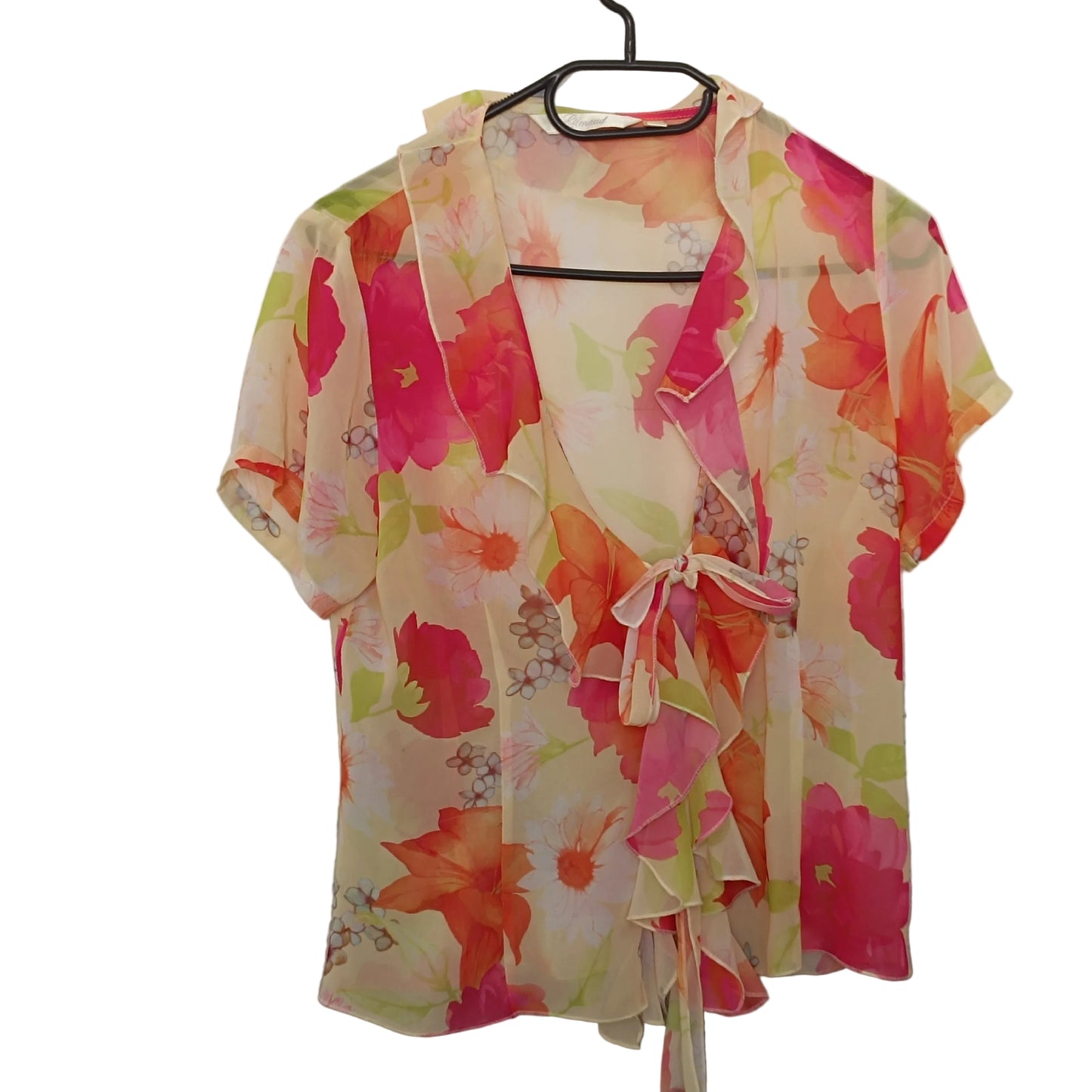 Vintage Gimaud Y2K Sheer Floral Ruffle Blouse - Pink & Orange Chiffon Top