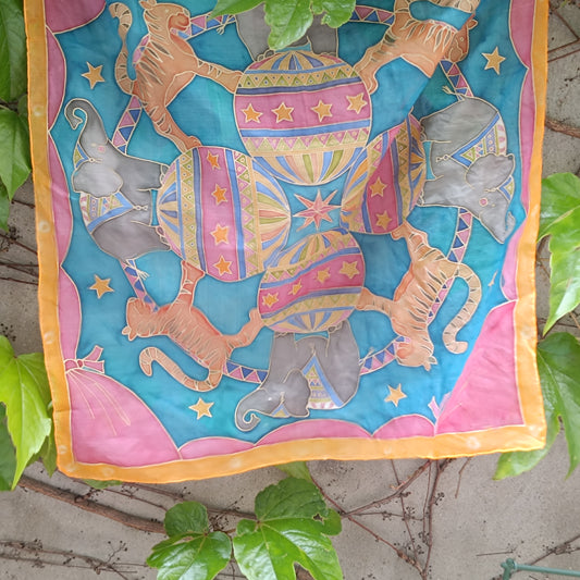 Vintage Tiger Elephant Circus Print Silk Scarf | Retro Boho Statement Piece