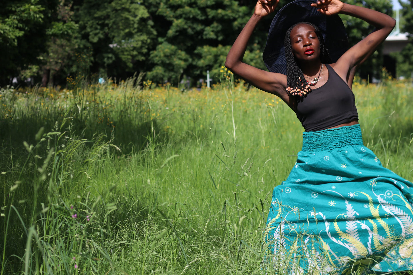 Vintage 90s Teal Patterned Boho Maxi Skirt - High Waist Cotton Festival Skirt