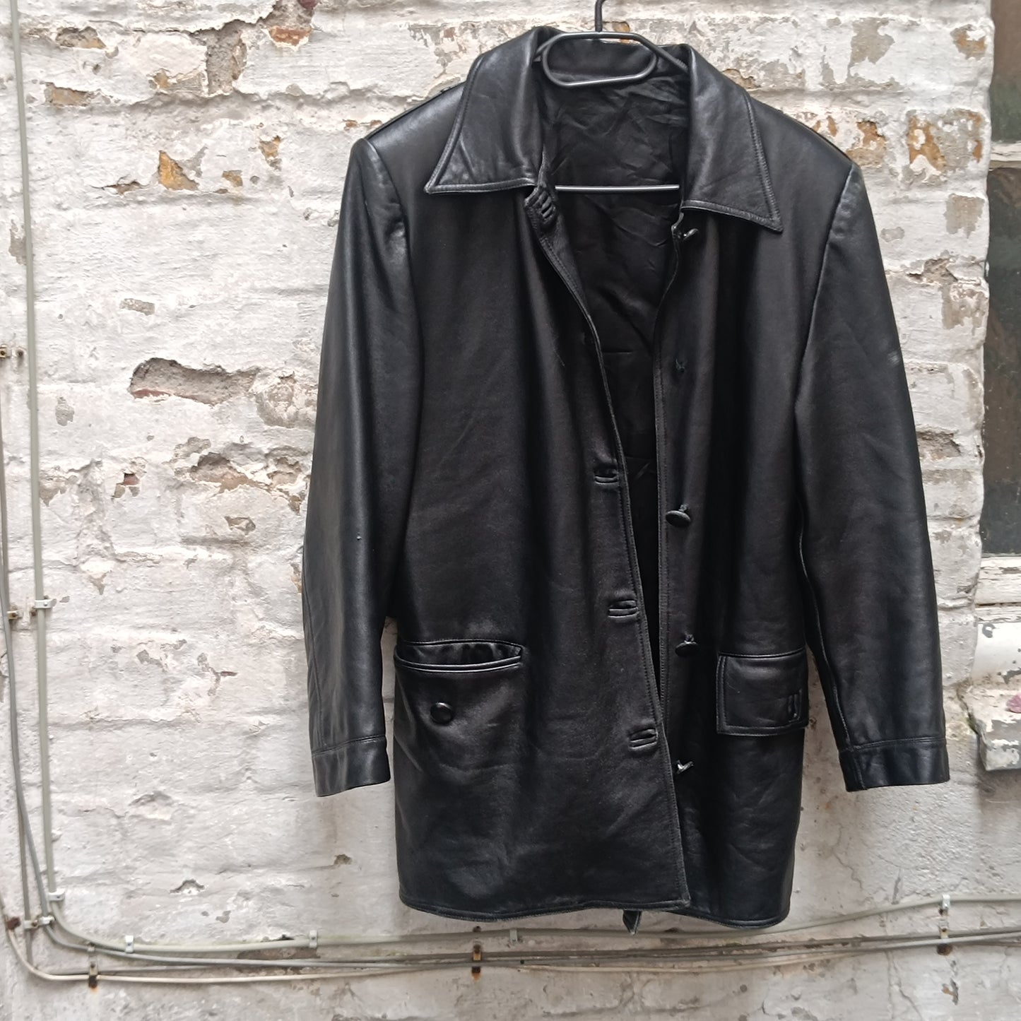 Vintage Leather Jacket 90s Black Leather Trench Coat Matrix Minimalist Shacket