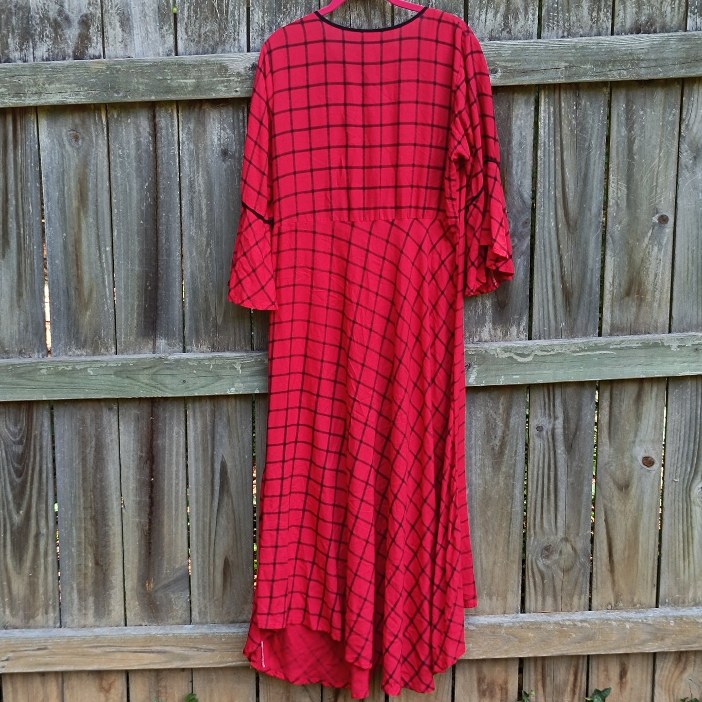Vintage 1990s Red Plaid Bell Sleeve Maxi Dress