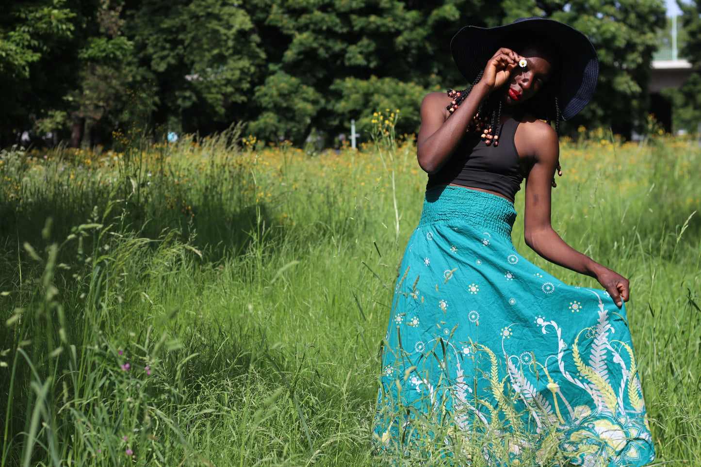Vintage 90s Teal Patterned Boho Maxi Skirt - High Waist Cotton Festival Skirt