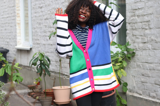 Vintage Oversize Color Block Cardigan Sweater| 80s Pop Art Knitwear S-L