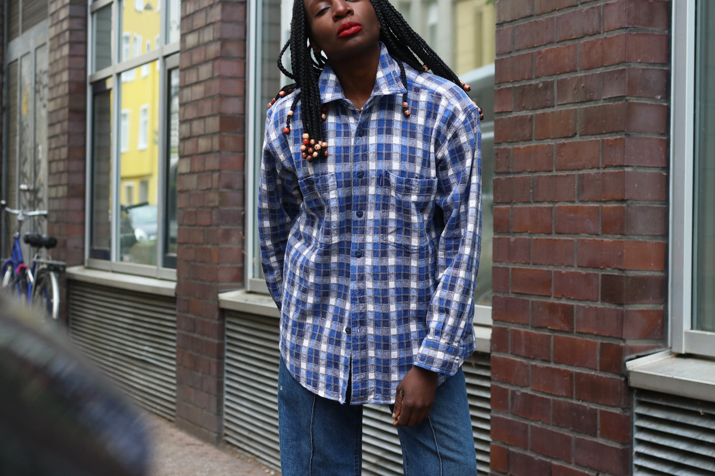 Vintage Kamro Plaid Flannel Shirt Blue White Oversized Cotton 90s