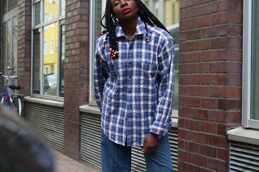 Vintage Kamro Plaid Flannel Shirt Blue White Oversized Cotton 90s
