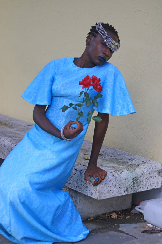 Vintage 70s Maxi Blue Lace Dress Bohochic Elegant Short Sleeved Retro Size Small XS