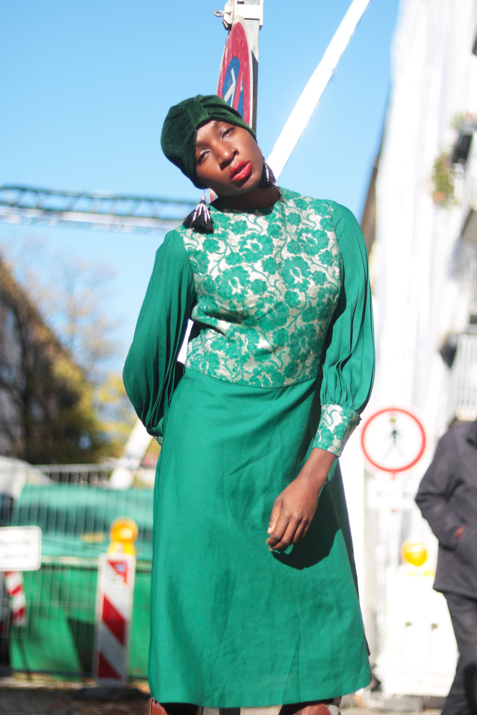 70s Festive Dress | Vintage Green Dress With Floral Overlay and Pleated Arms