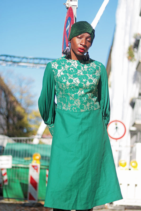 70s Festive Dress | Vintage Green Dress With Floral Overlay and Pleated Arms