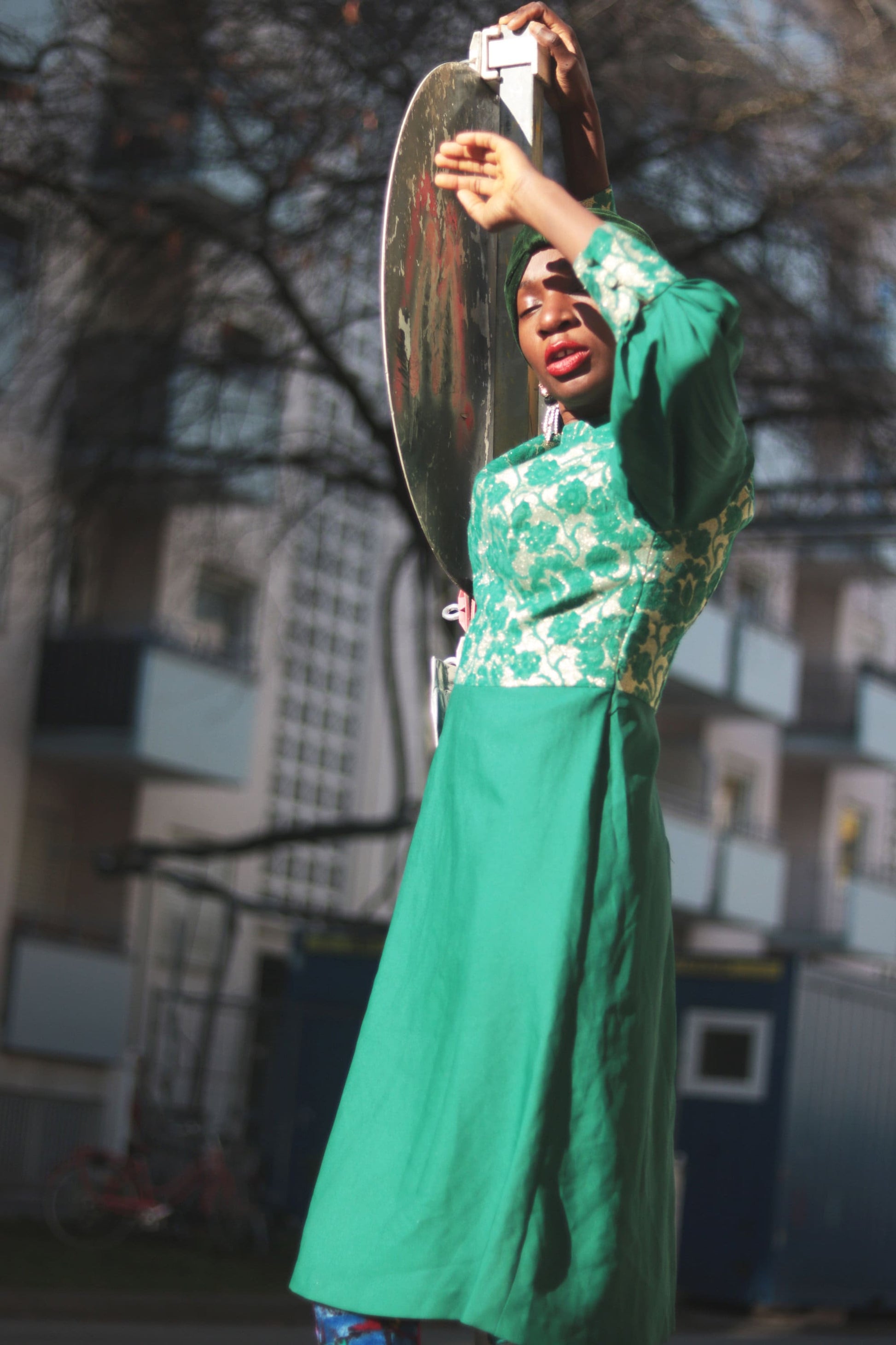 70s Festive Dress | Vintage Green Dress With Floral Overlay and Pleated Arms