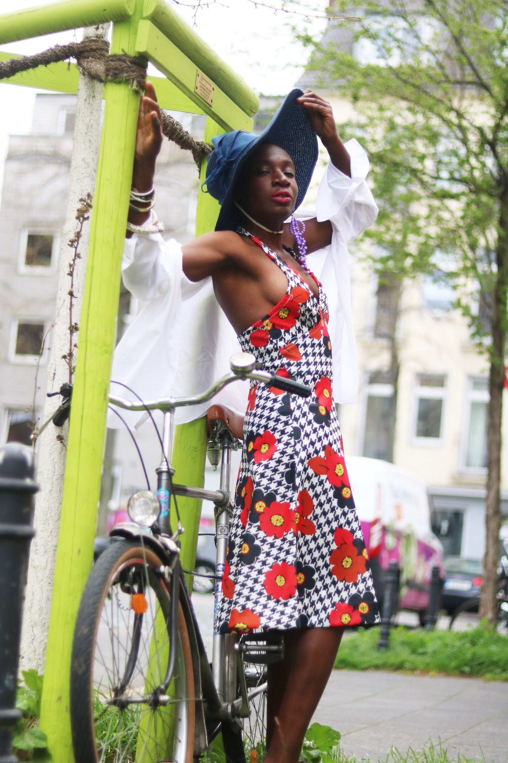 70s Floral Dress| Vintage Floral print halter neck Design| Maximalist festival style mini dress in black and red