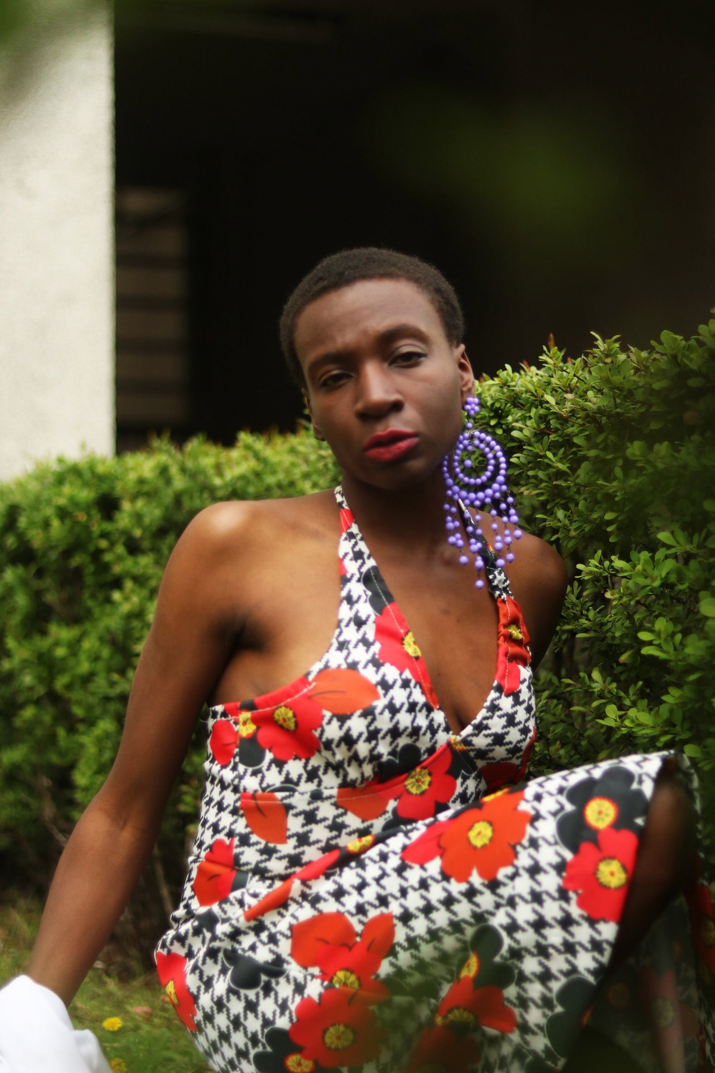 70s Floral Dress| Vintage Floral print halter neck Design| Maximalist festival style mini dress in black and red