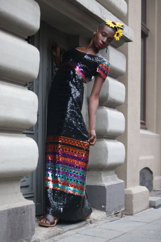 Vintage Verushka Sequinned Maxi Dress from the 80s size small to xs glamorous NYE dress