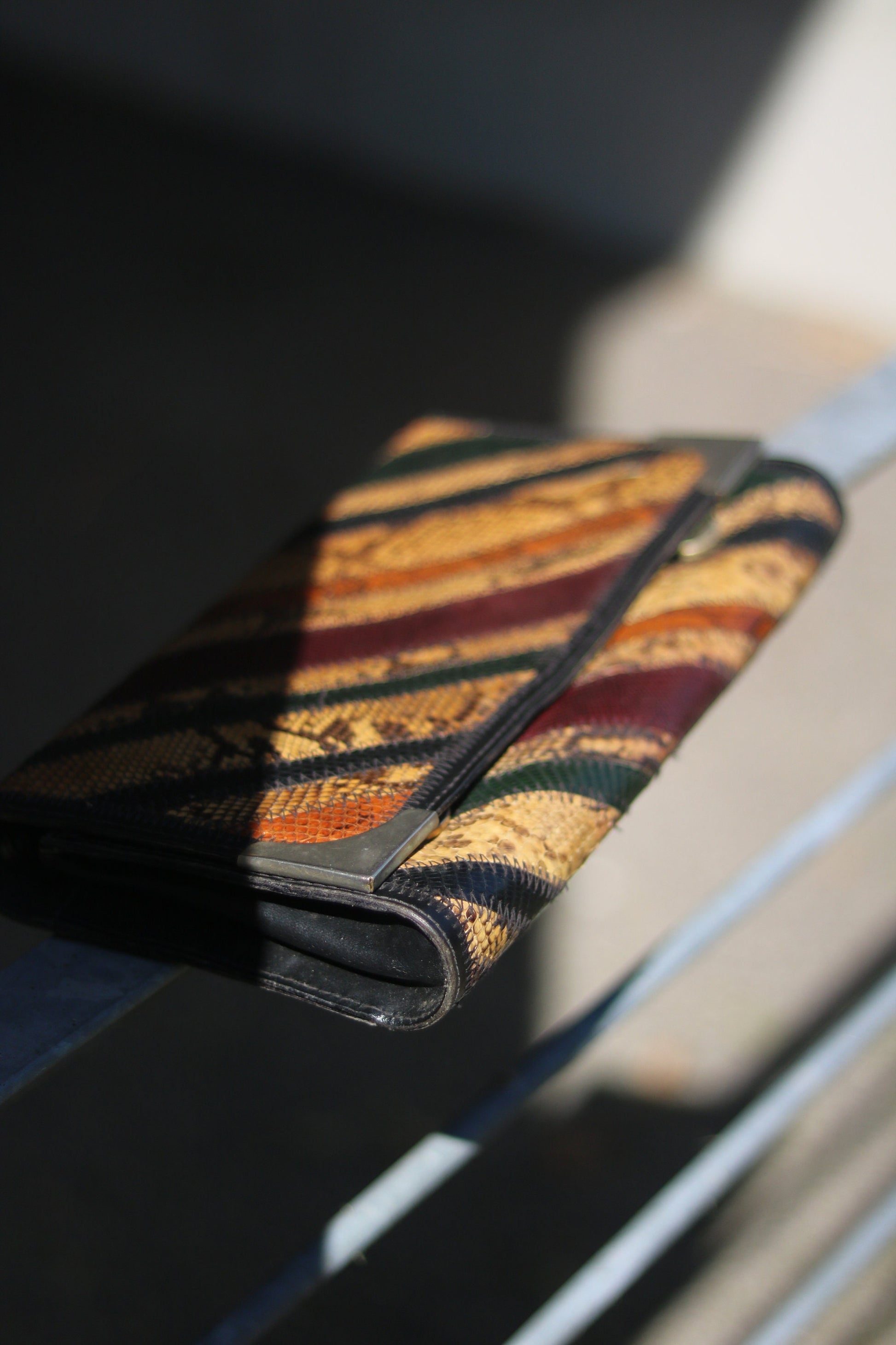 Exotic Vintage Leather and Snake Skin Multi Coloured Clutch from 70s