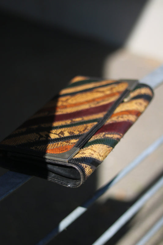 Exotic Vintage Leather and Snake Skin Multi Coloured Clutch from 70s