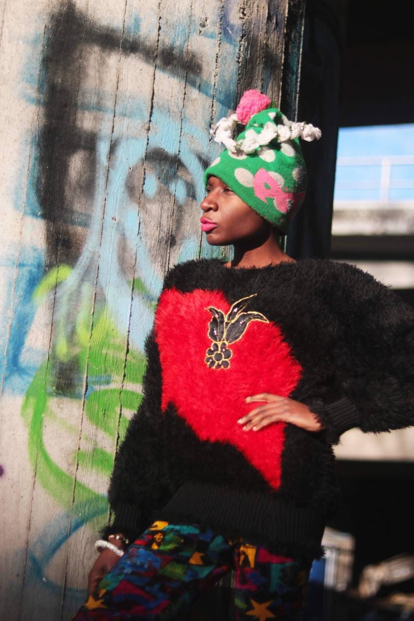 80s Red and black Fuzzy Sweater| Vintage crazy print jumper| Ugly Christmas Jumper| Maximalist winter knit with statement motif size small