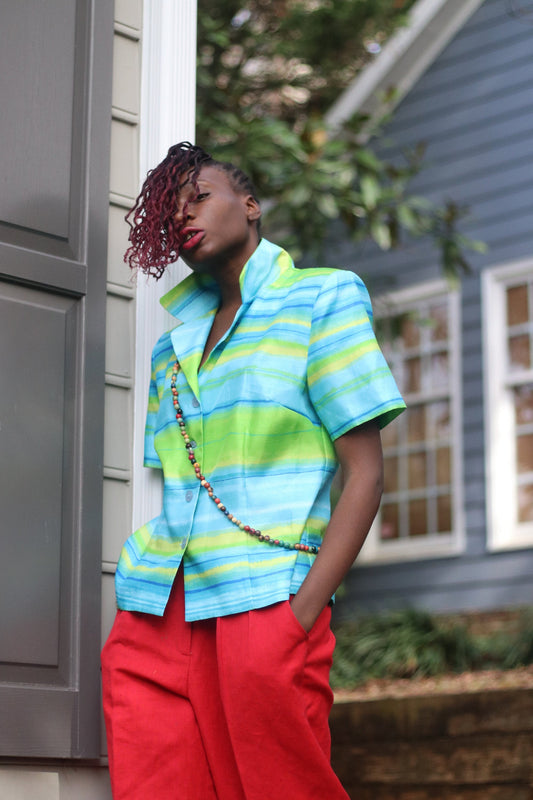 Vintage 90s Striped SAG Harbor Multicolored Half-Sleeved Blazer Vintage Clothing Retro Abstract Green Blue Size Small to Medium