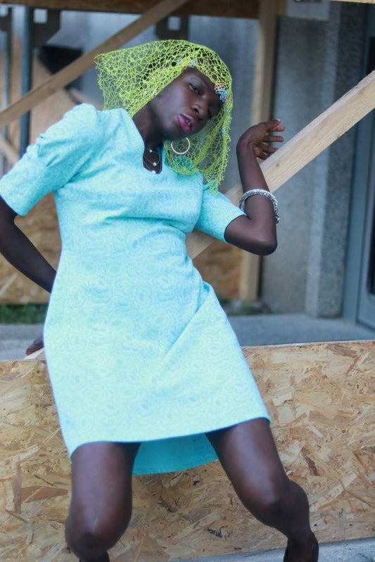 Vintage 70s Handmade Mini Dress in Blue with shorts sleeves Paisley print.