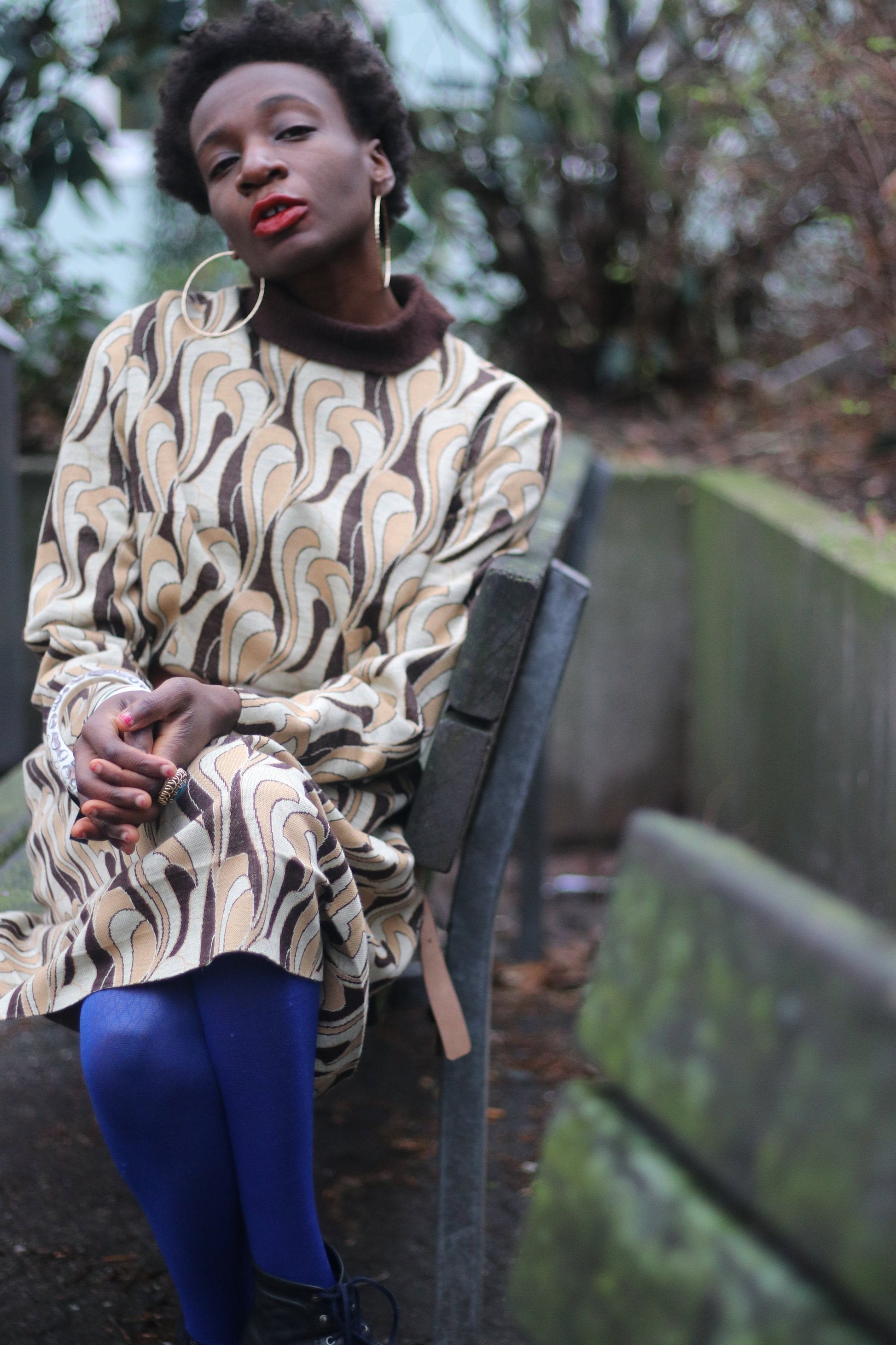 Retro Print Dress with swirly motif and midi A line silhouette| Feminine Vintage 70s Design in Brown