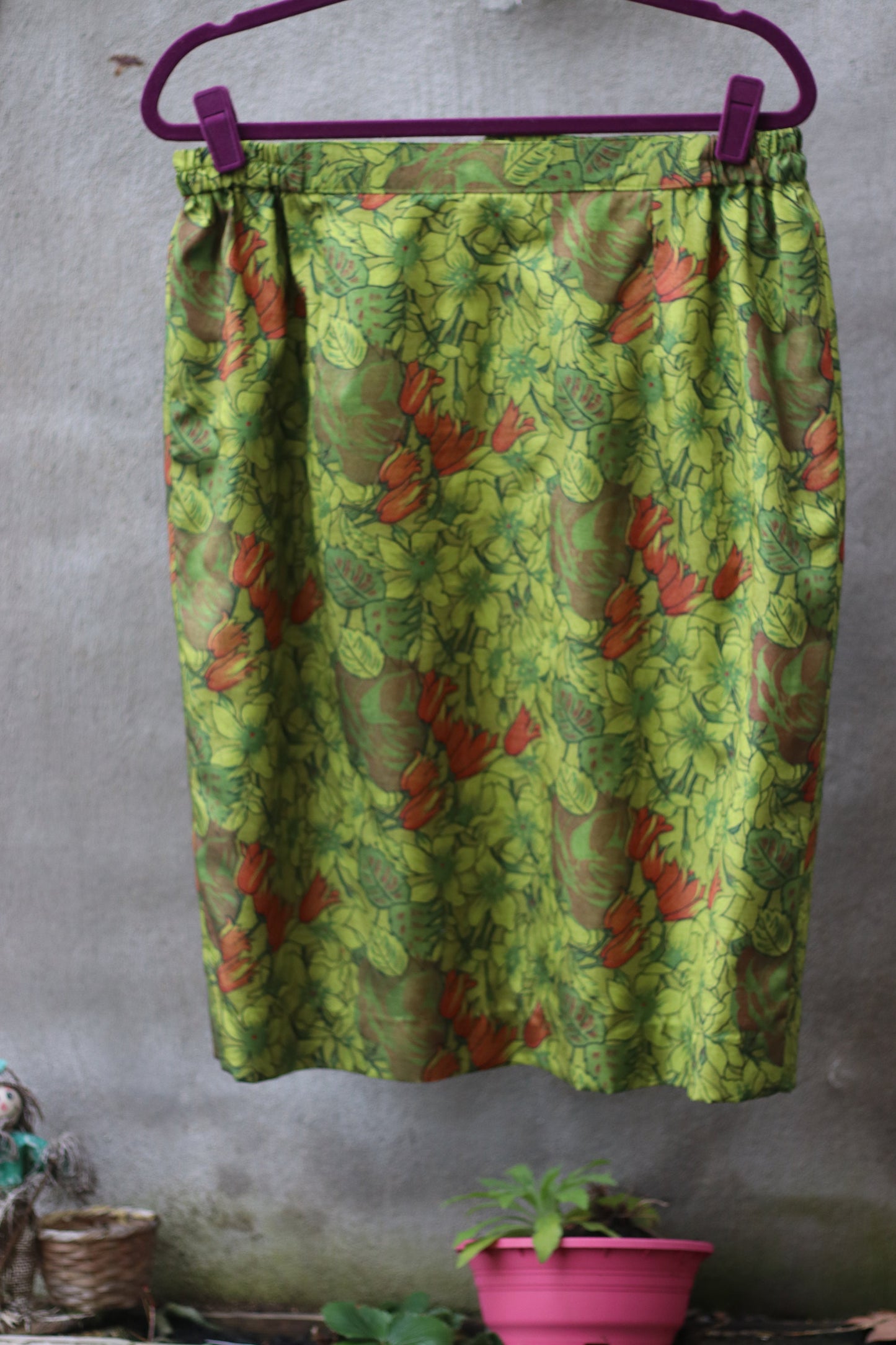 Vintage Handmade Green and Orange Floral Print Knee-Length Skirt Size Medium