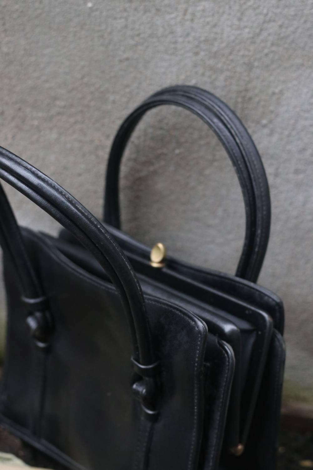 70s purse bag| Vintage grandma style top handle handbag| Black leather mini bag lady like chic