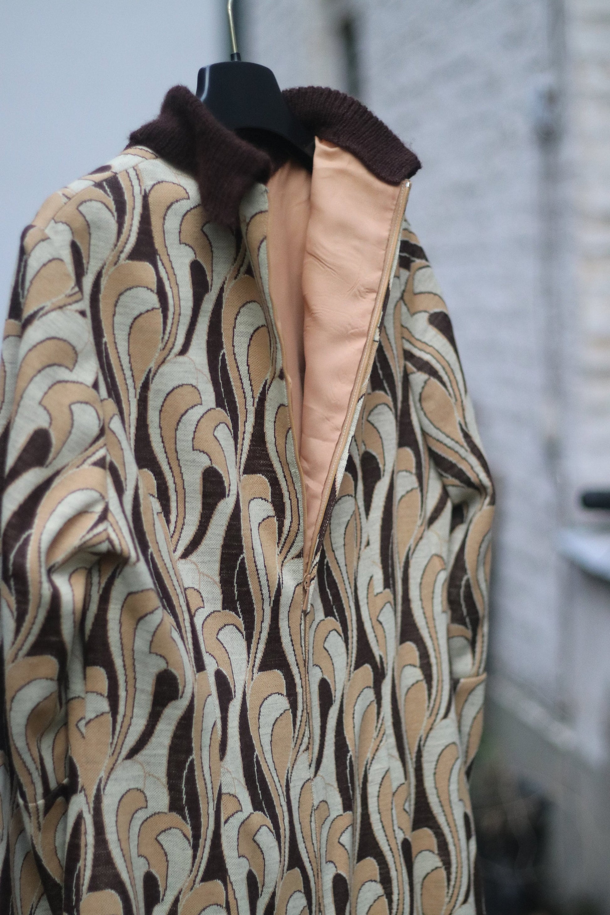 Retro Print Dress with swirly motif and midi A line silhouette| Feminine Vintage 70s Design in Brown