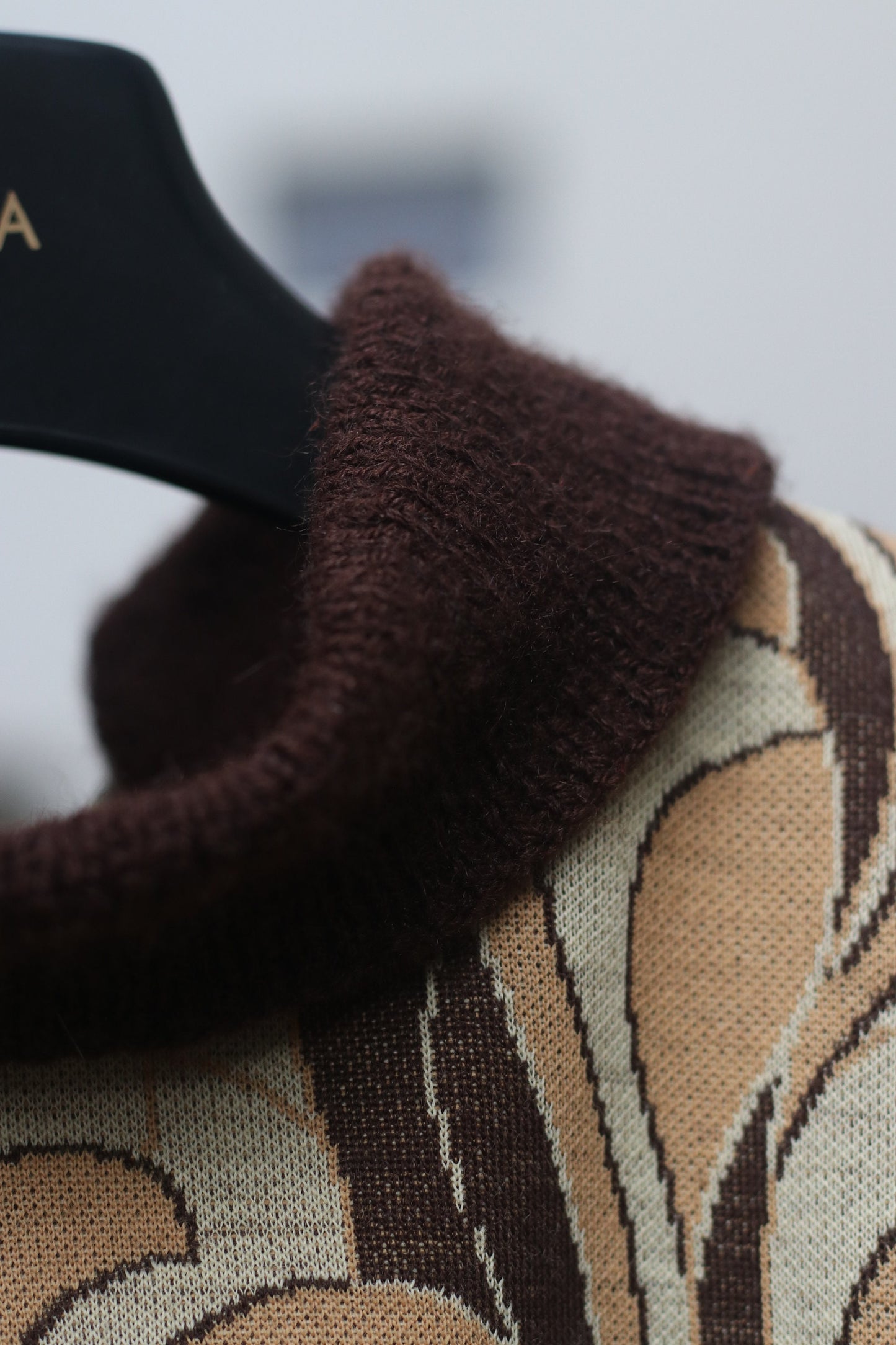 Retro Print Dress with swirly motif and midi A line silhouette| Feminine Vintage 70s Design in Brown