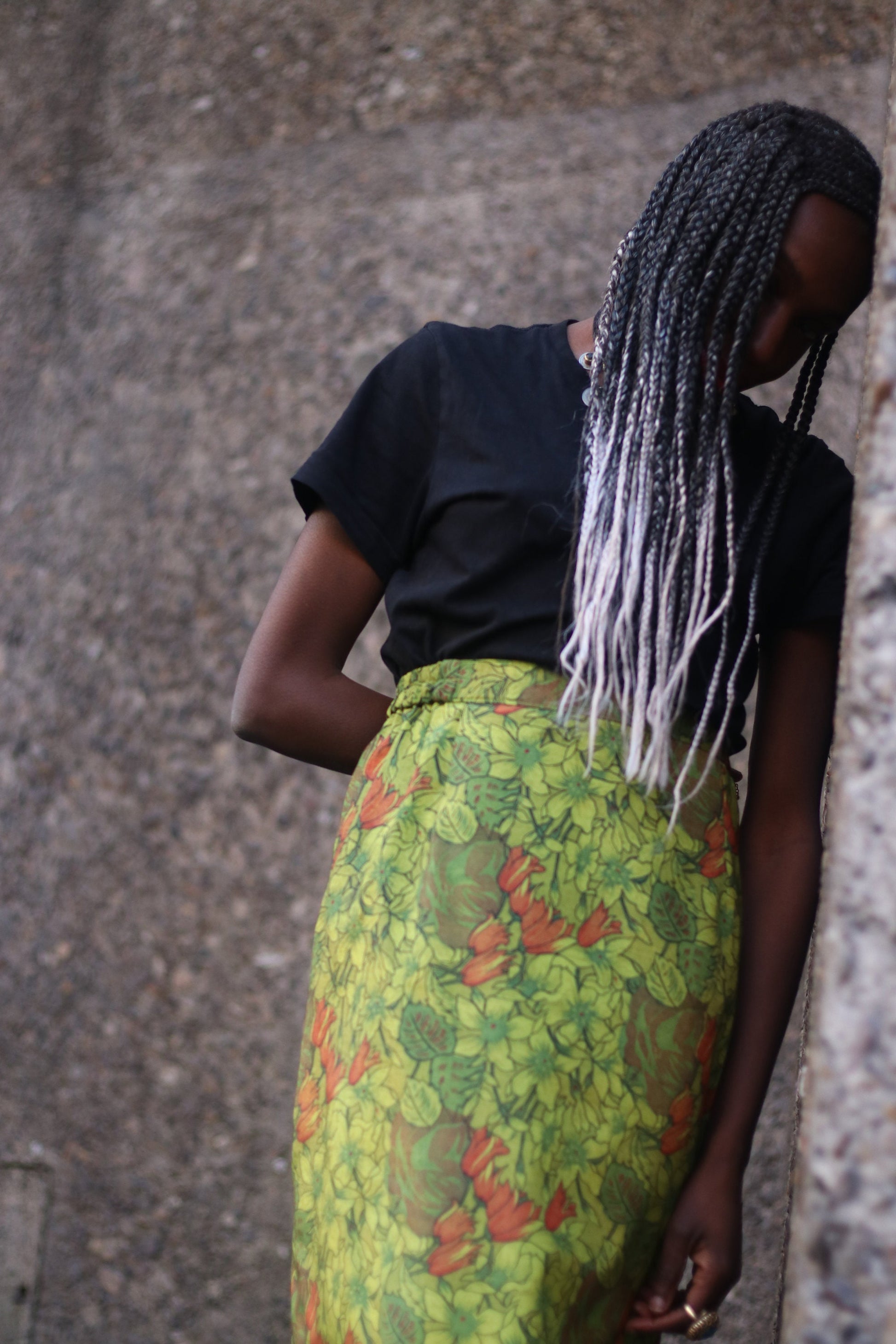 Vintage Handmade Green and Orange Floral Print Knee-Length Skirt Size Medium