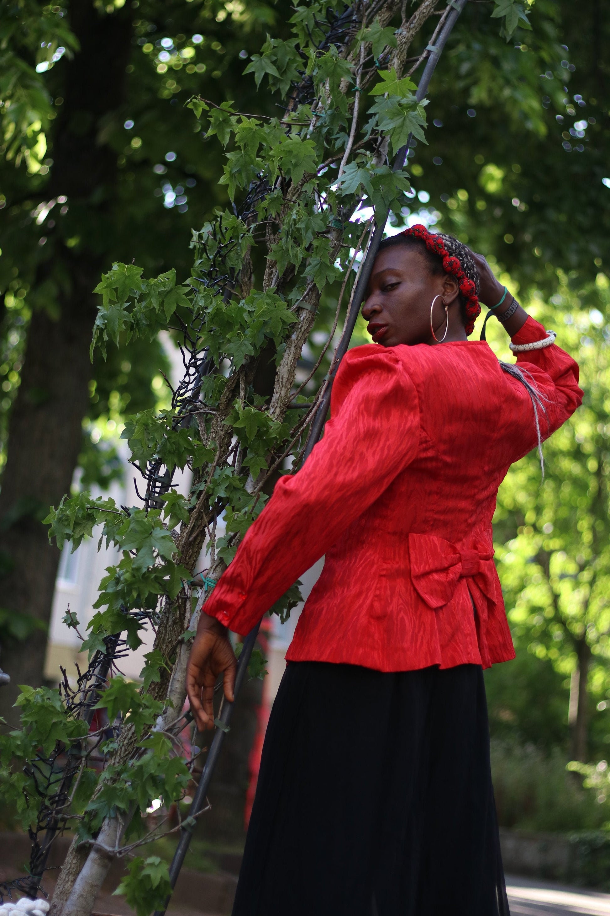 80s Red Blouse| Handmade with animal print and bow at back| long sleeved party top