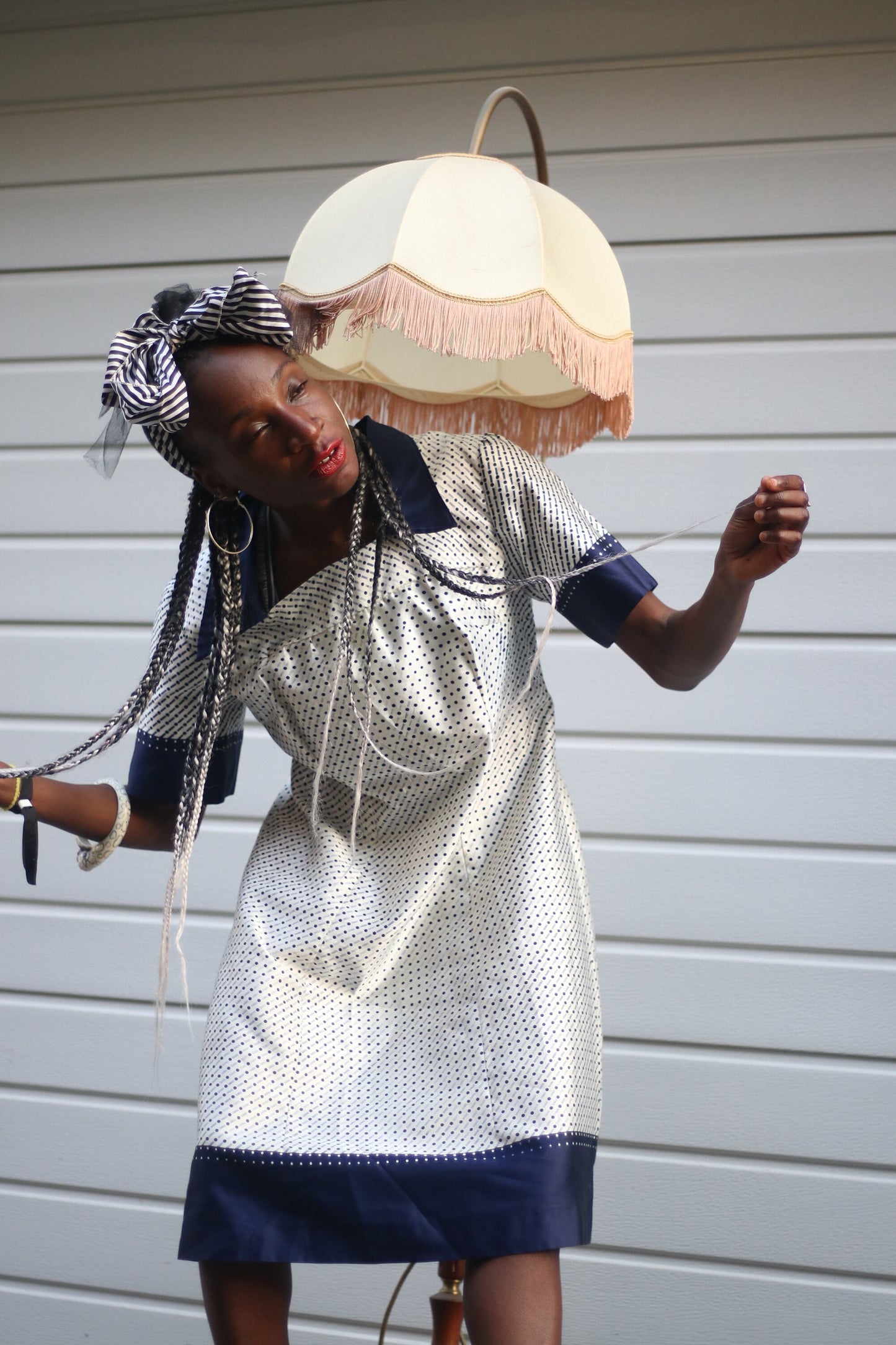 Vintage Striped and Polka Dottted Collared Handmade Dress in Blue and White Size Small