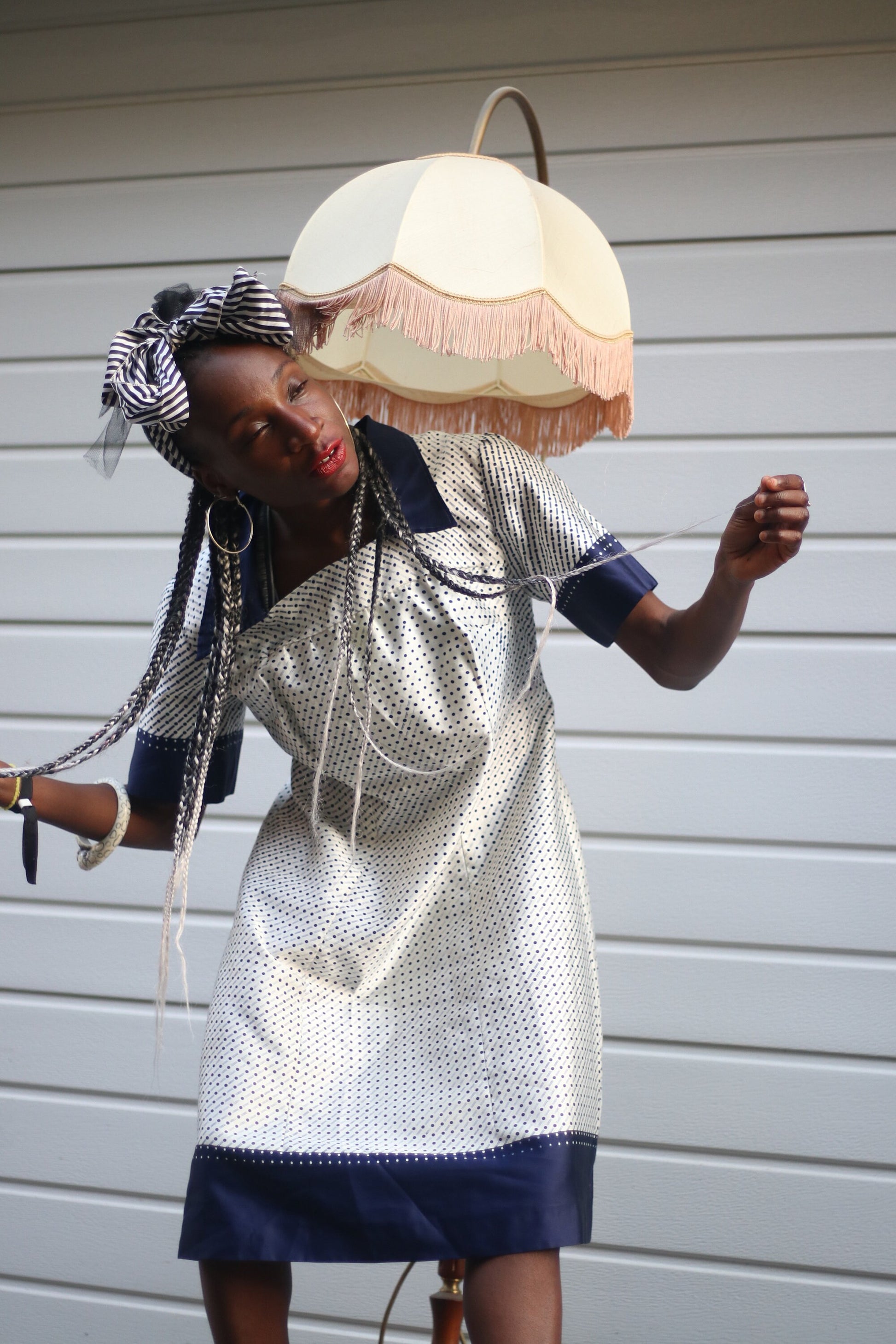 Vintage Striped and Polka Dottted Collared Handmade Dress in Blue and White Size Small