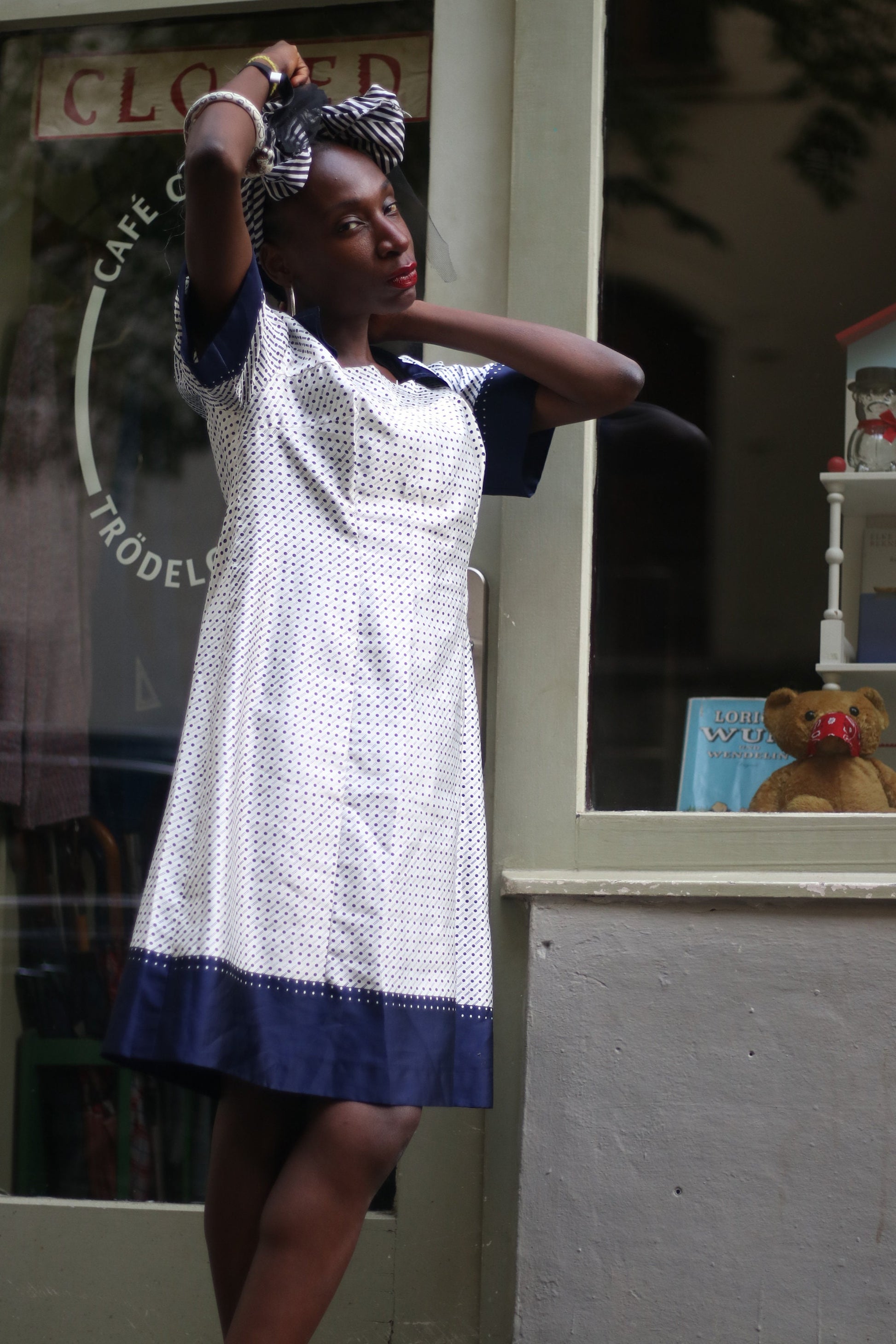 Vintage Striped and Polka Dottted Collared Handmade Dress in Blue and White Size Small