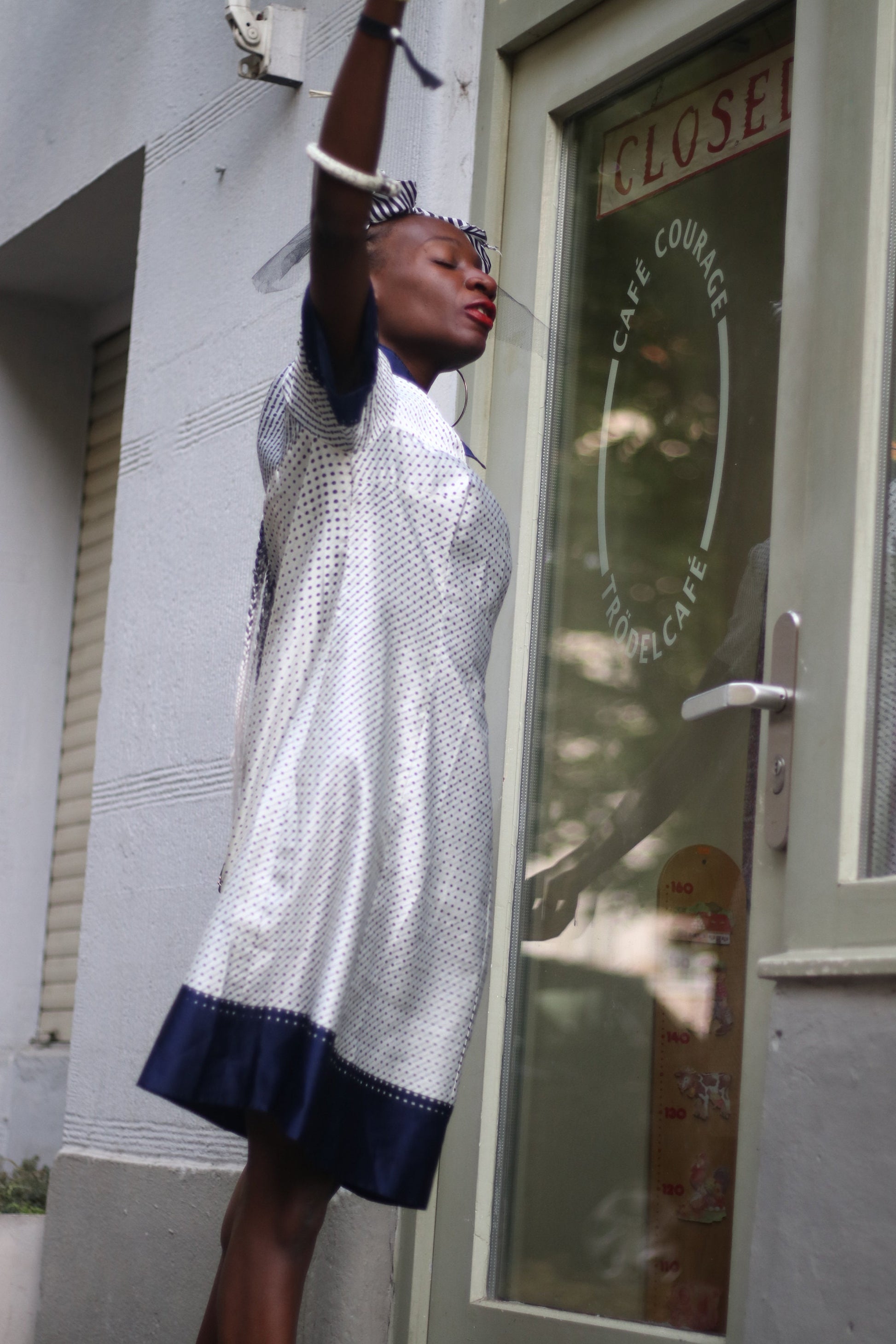 Vintage Striped and Polka Dottted Collared Handmade Dress in Blue and White Size Small