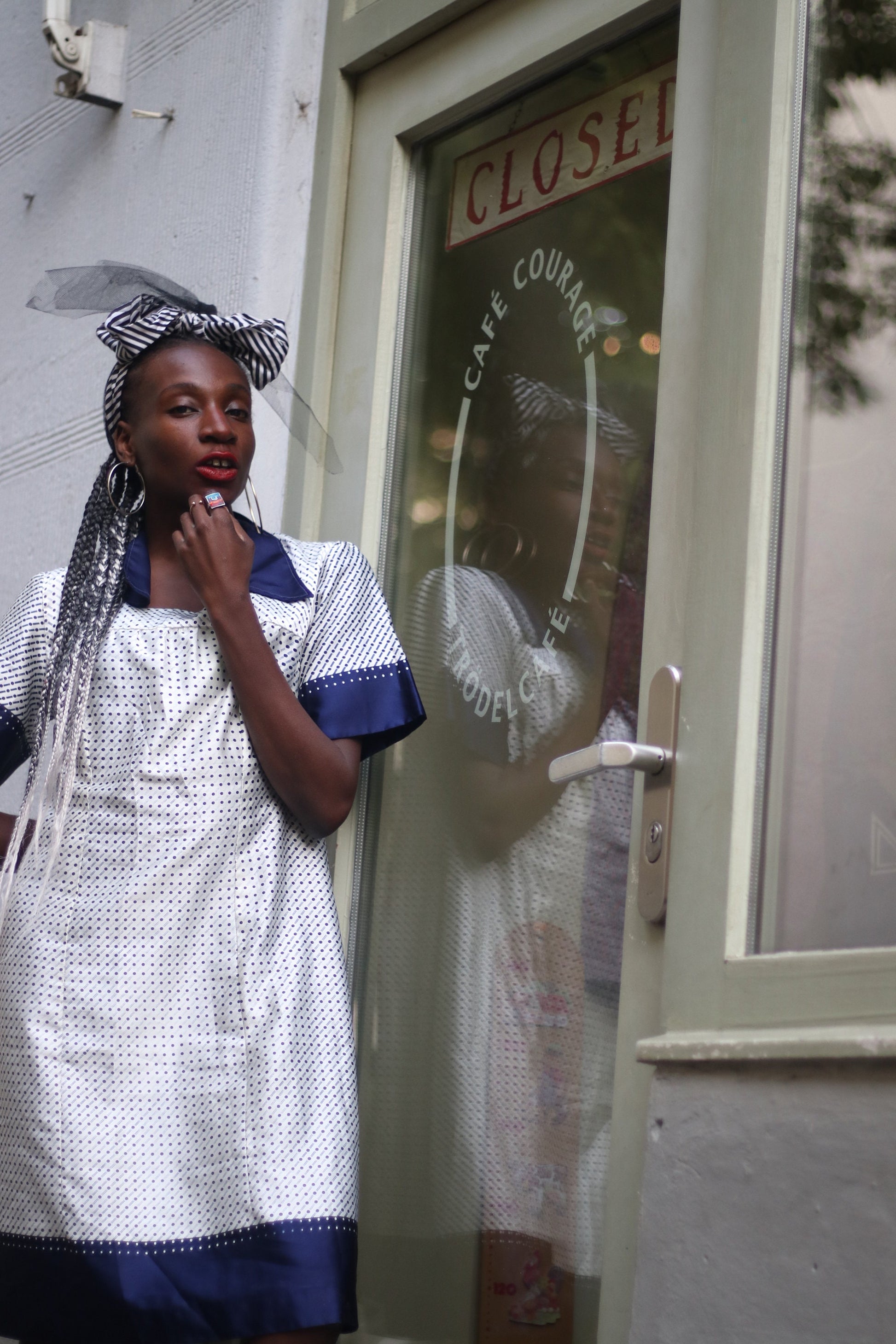 Vintage Striped and Polka Dottted Collared Handmade Dress in Blue and White Size Small