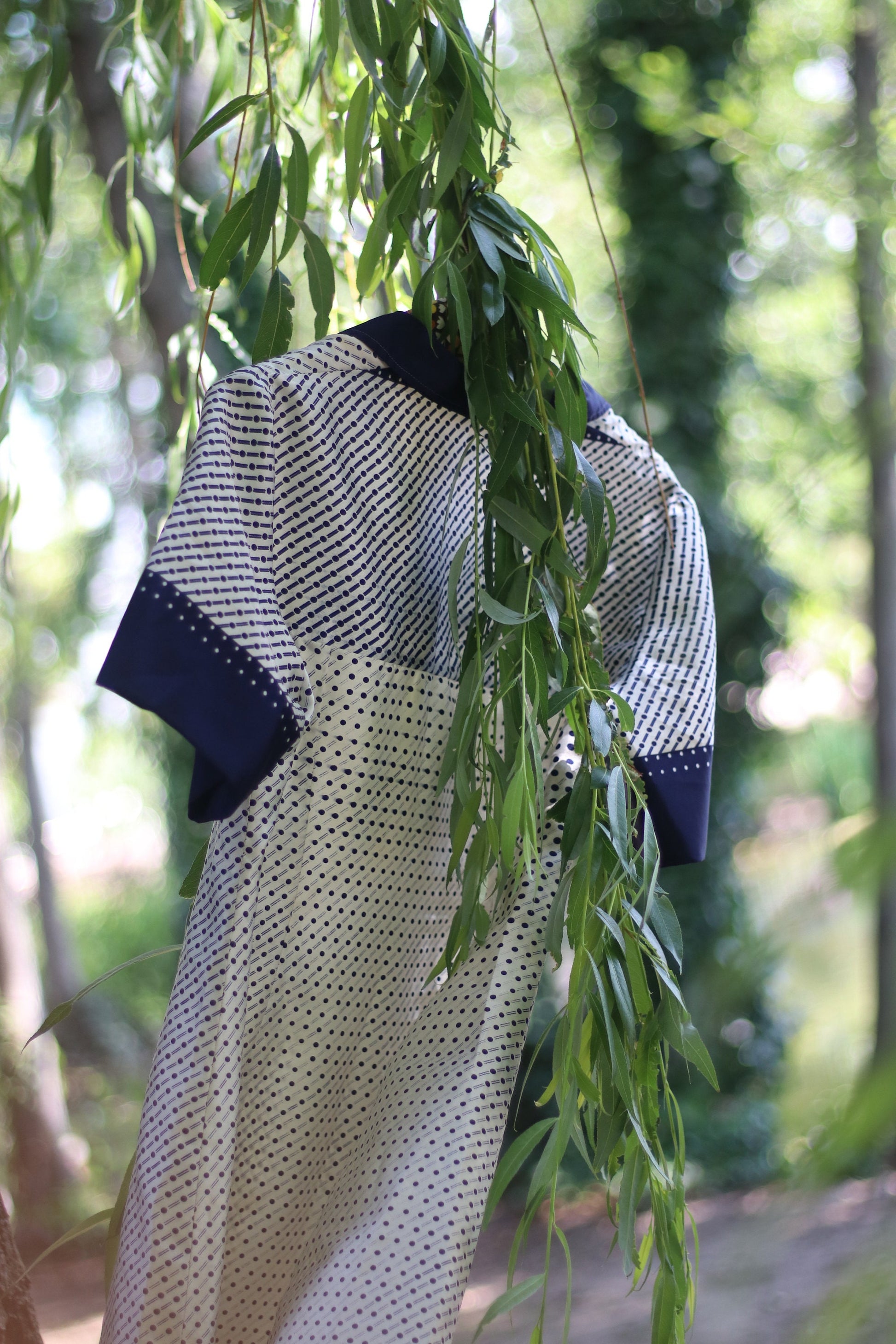 Vintage Striped and Polka Dottted Collared Handmade Dress in Blue and White Size Small