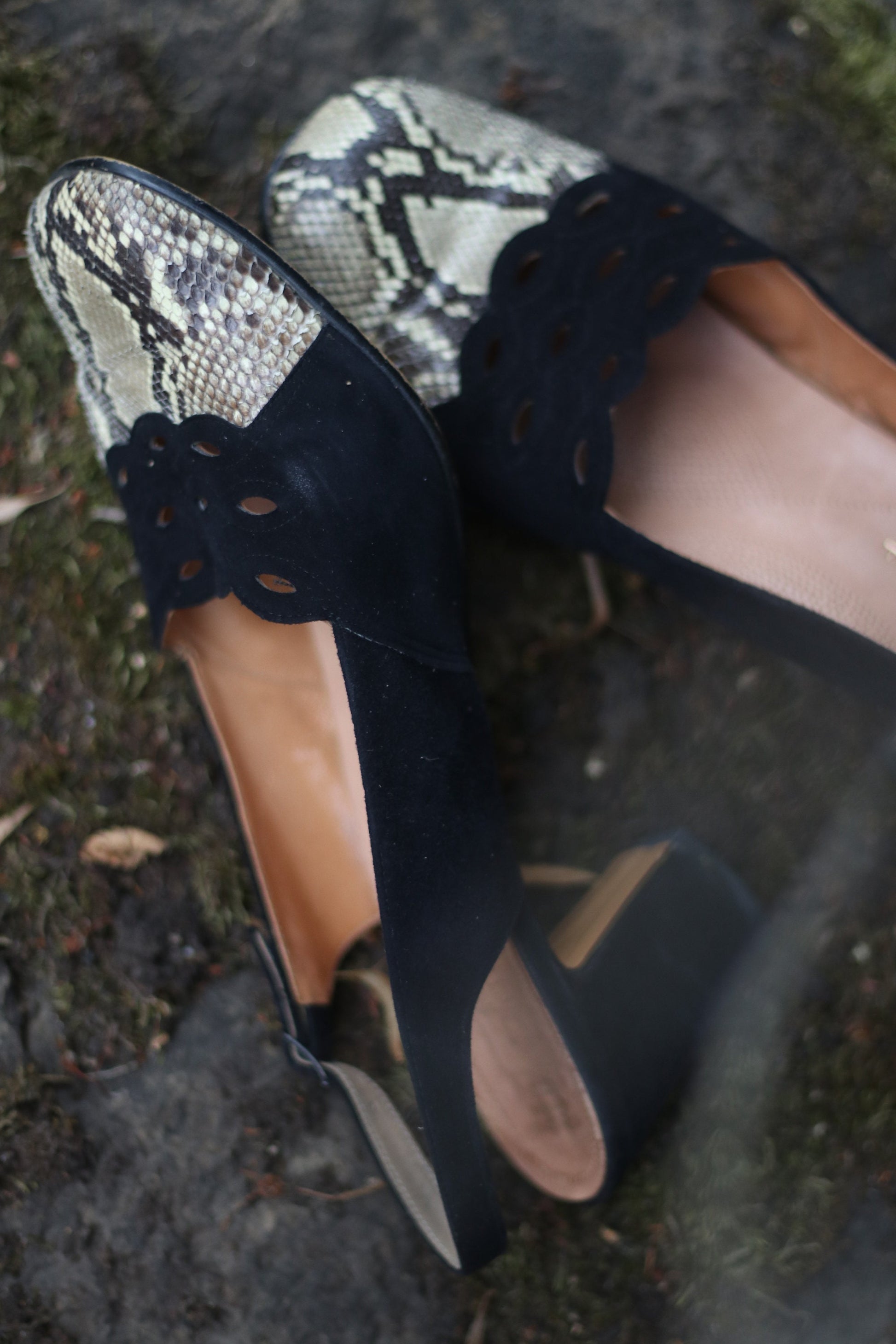 Vintage 80s Suede Black and Brown Slingback heels with Snake Print Detail and floral cut out motifs size 7.5 UK