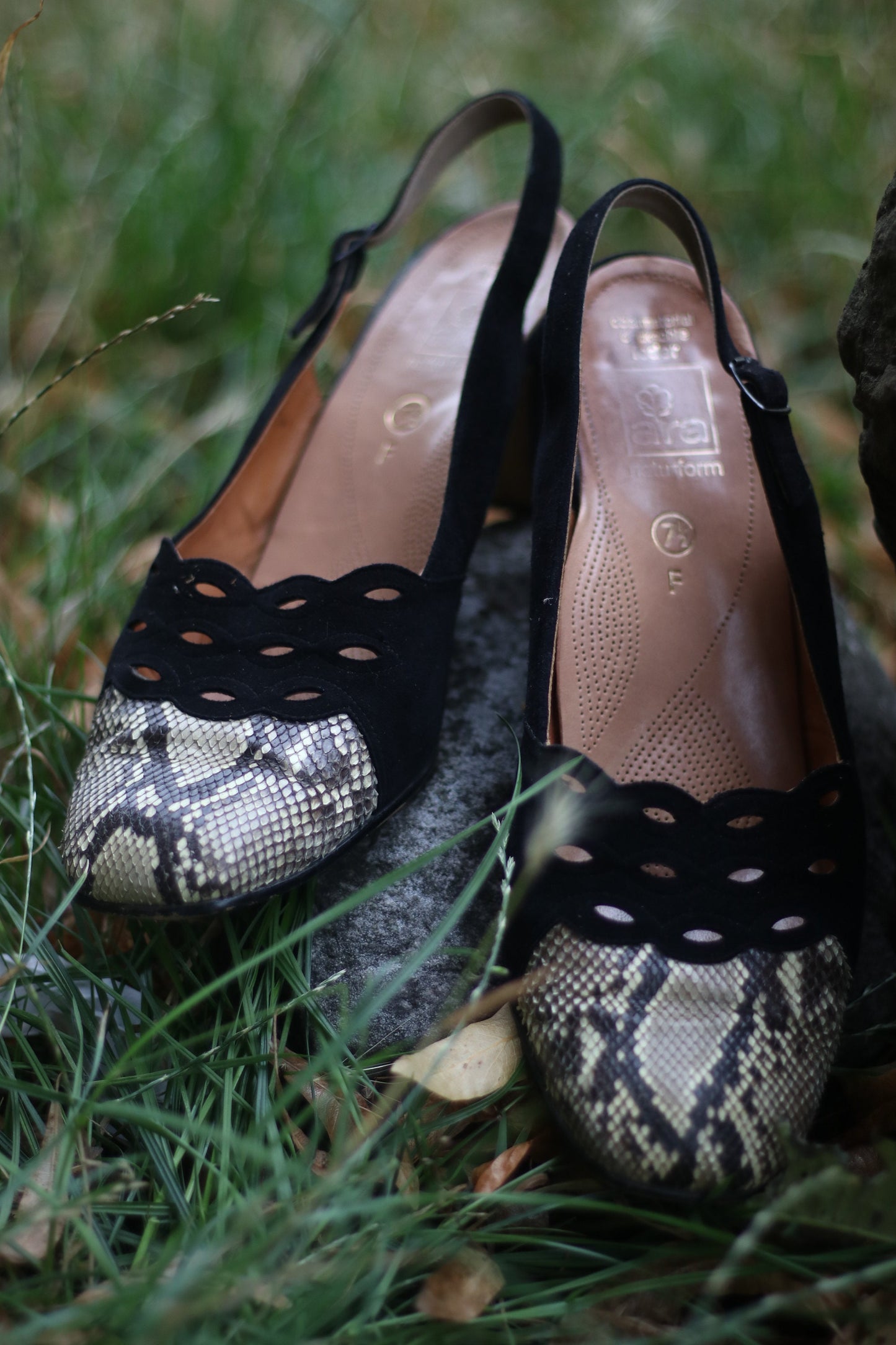 Vintage 80s Suede Black and Brown Slingback heels with Snake Print Detail and floral cut out motifs size 7.5 UK