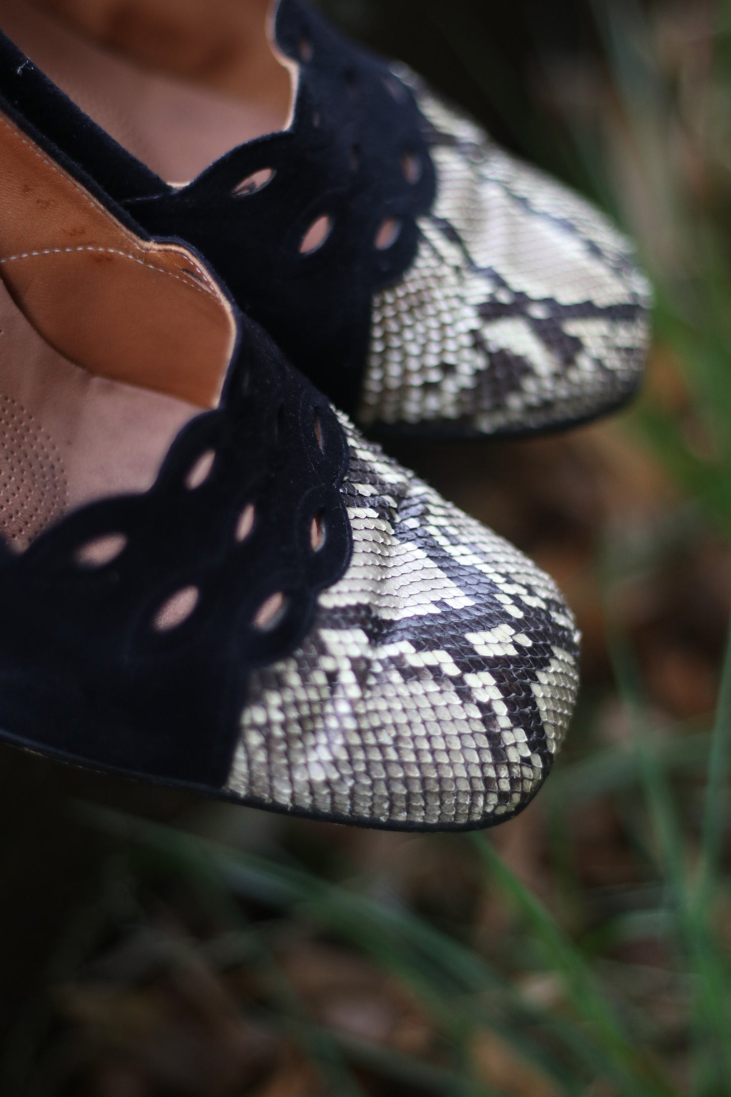 Vintage 80s Suede Black and Brown Slingback heels with Snake Print Detail and floral cut out motifs size 7.5 UK