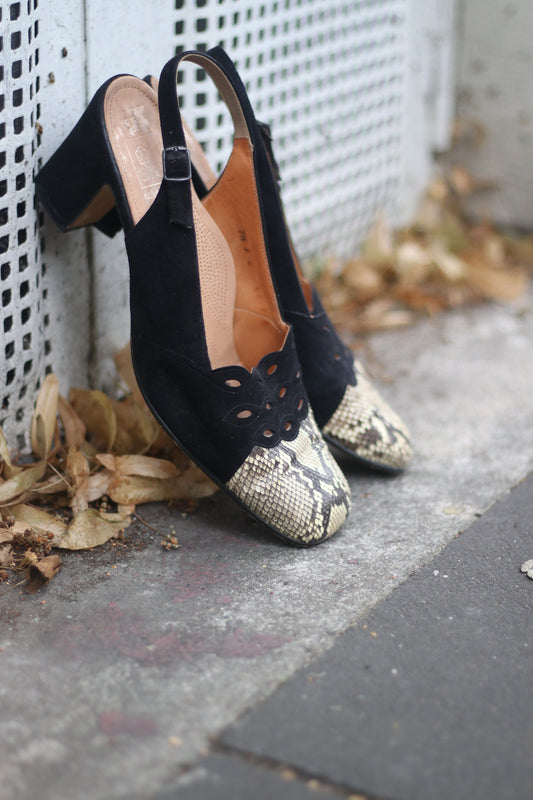 Vintage 80s Suede Black and Brown Slingback heels with Snake Print Detail and floral cut out motifs size 7.5 UK