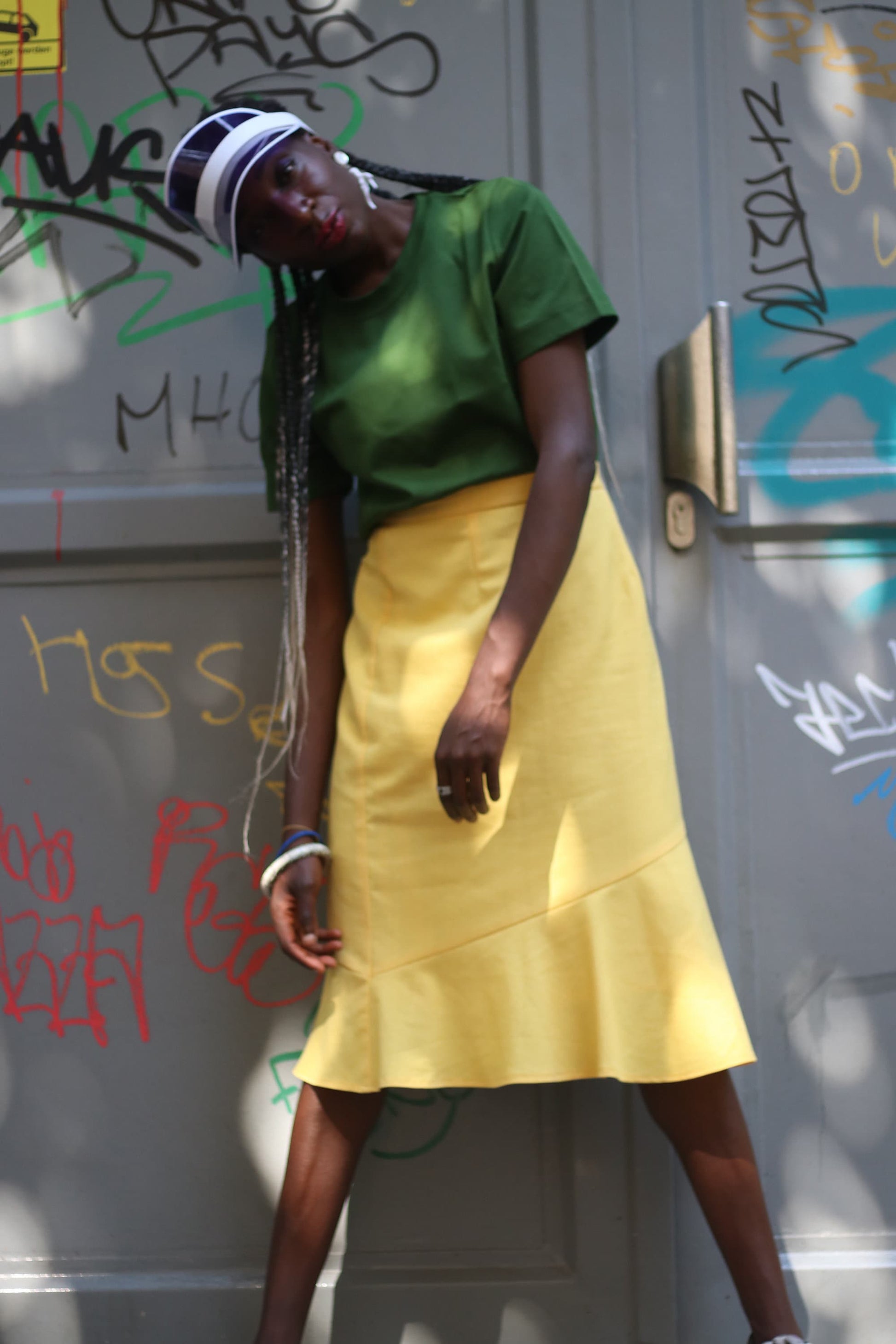 Vintage 80s yellow high waisted skirt with frilly hemline size small to medium