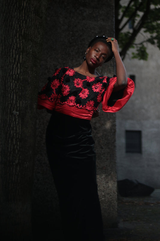 80s Evening Gown| Vintage handmade red and black ball gown with lace and floral embroderied details