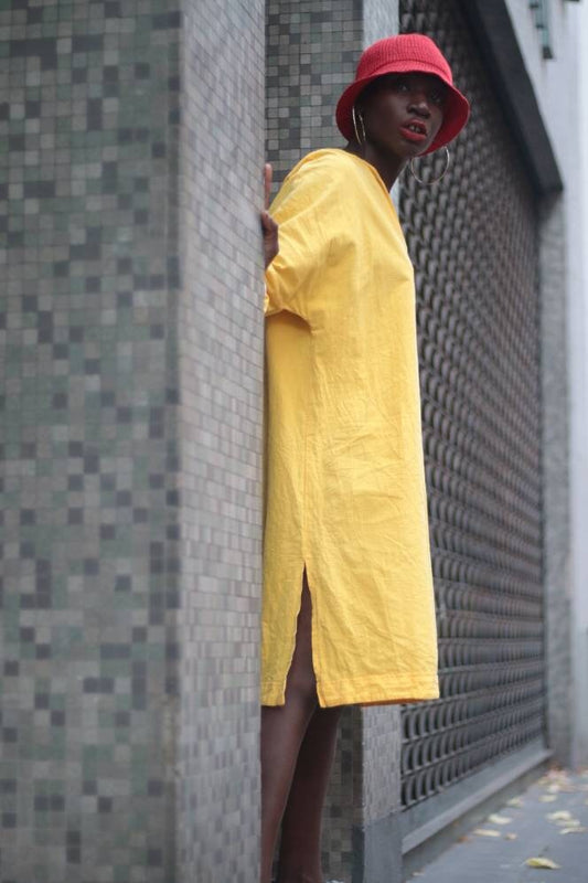 Vintage Bold Yellow Dress with slits at the hemline 90s Summer Dress