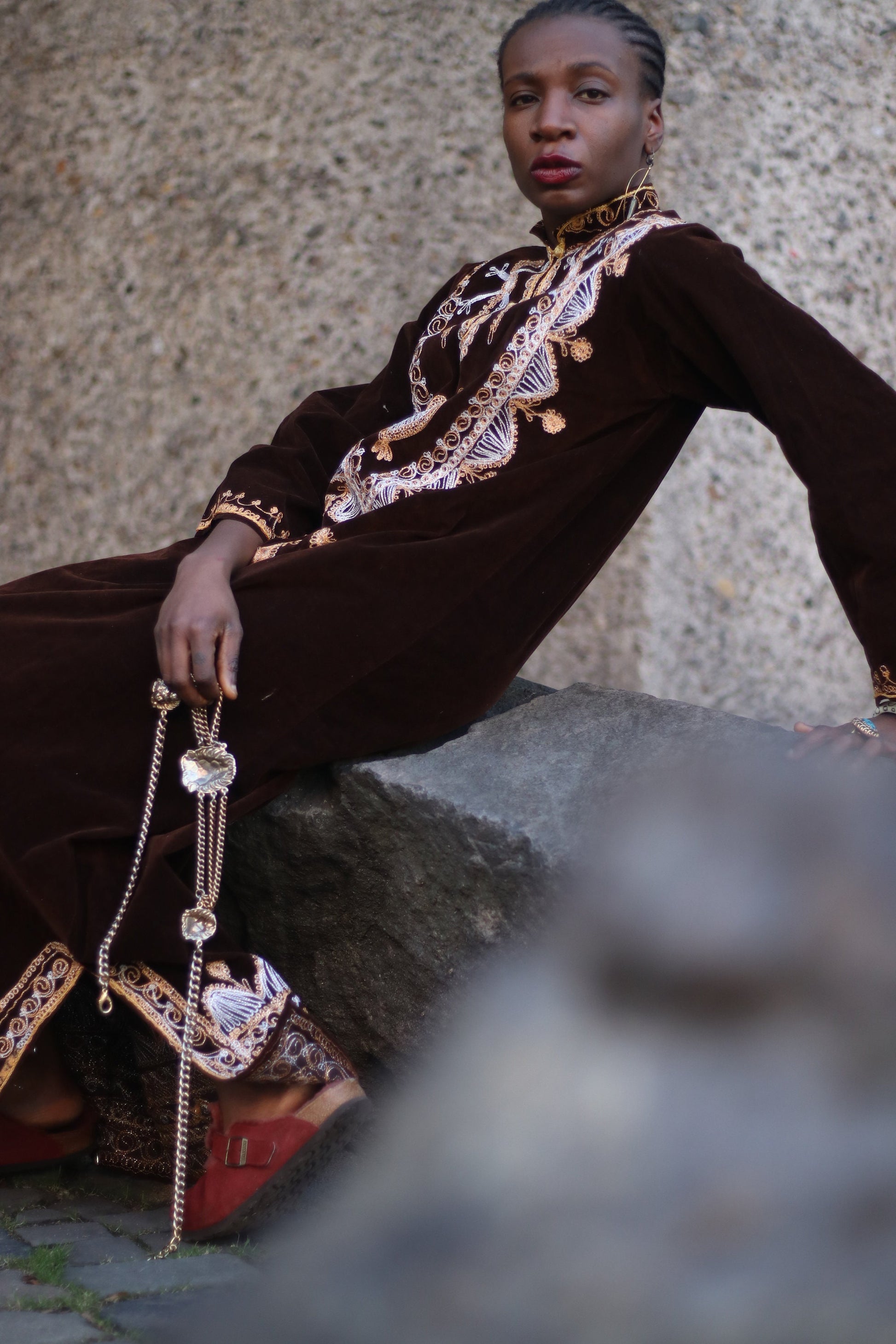 Vintage Brown Handmade Ethno Chic Kaftan with Embellished Gold-Colored Details Bohemian Holiday Morocco
