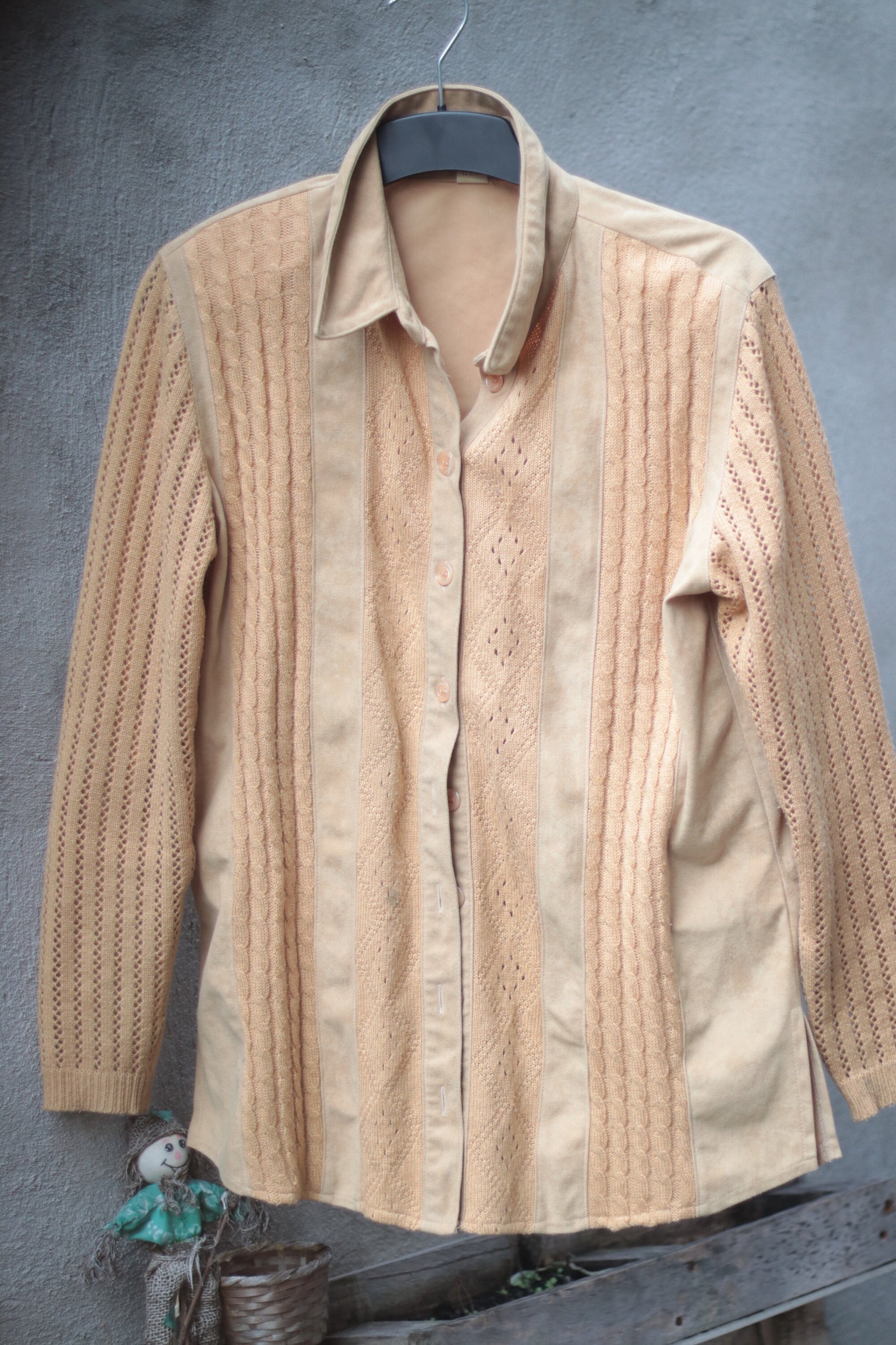 Vintage 70s Perforated Long Sleeved brown top| Minimalist blouse Capsule wardrobe